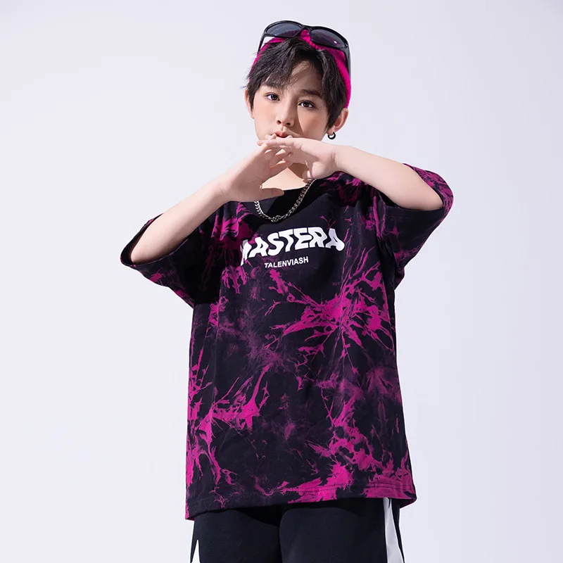 Girls Boys Streetwear Clothes Sets Kids Purple Hip Hop Tie Dyed T-shirt Sport Loose Shorts Children Street Dance Jazz Costumes