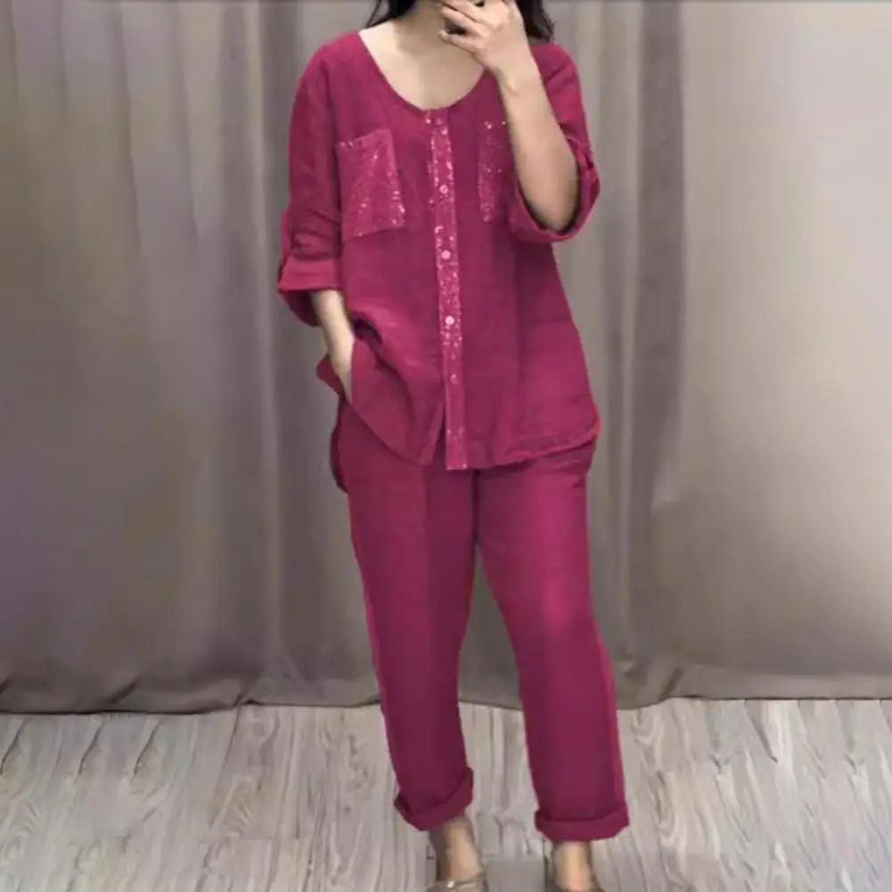 Cotton Linen Women Shirt Pants Set Shiny Sequin Long Sleeves Cufflink T-shirt Wide Leg Trousers Casual Top Trousers 2-piece Suit