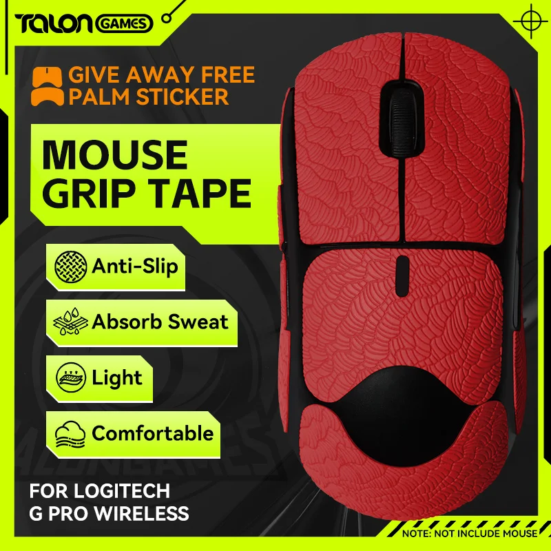 TALONGAMES-Mouse Grip Tape para Logitech Gpro Wireless, Absorção de Suor Palm, Lado Tudo Incluído, Fita Antiderrapante, Vermelho