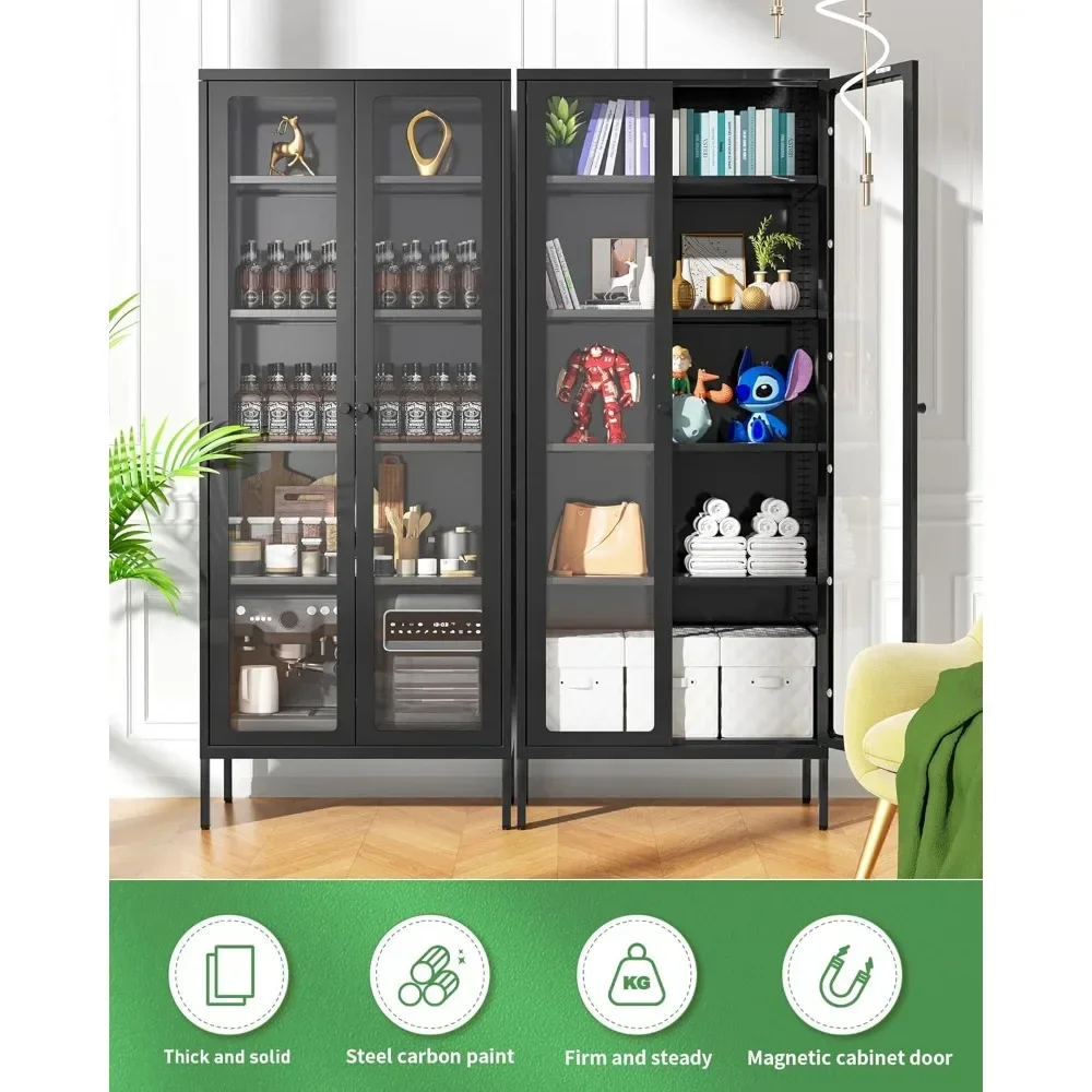 XMSJ Storage Cabinet,Black Display Curio Glass Storage Cabinet with Glass Doors and 4 Shelves, Tall Bookcase Modern Bookshelf