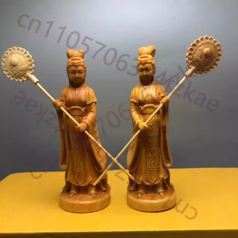 Chinese Wood Carving Figurines, Ancient Female Attendants Palace Maids, Solid Wood Handicraft Ornament