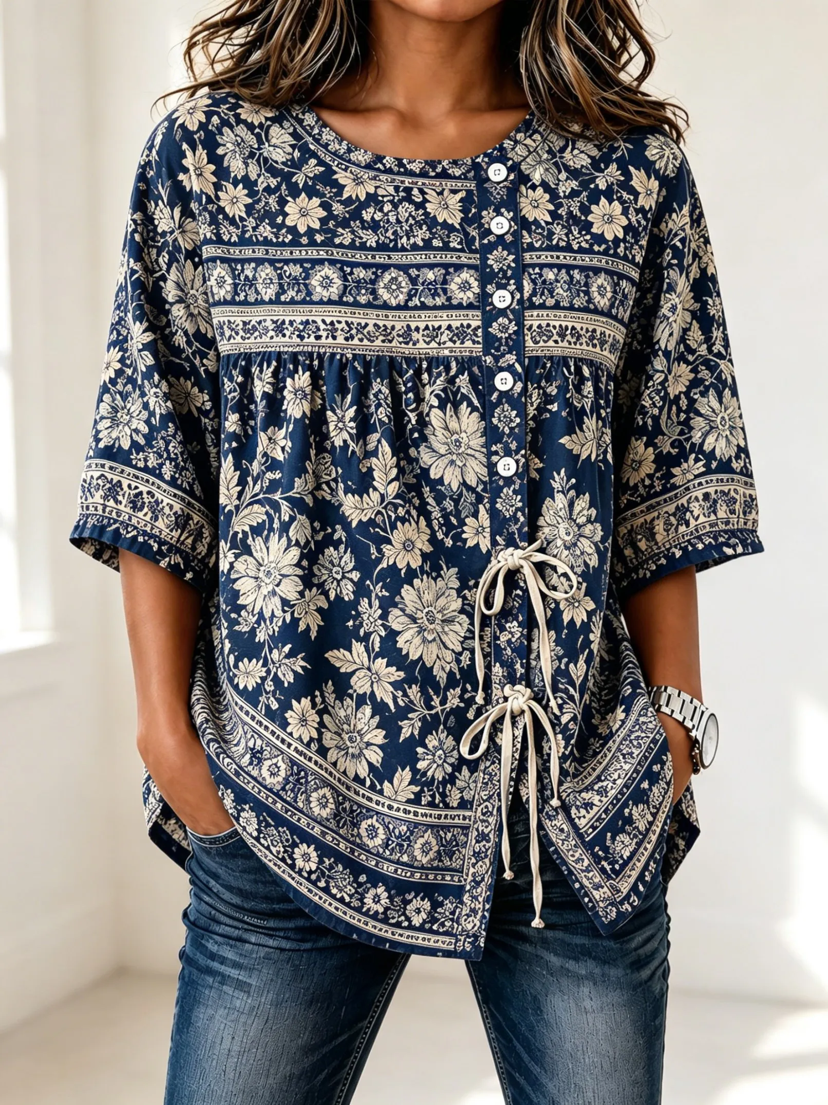 

Women's Navy Vintage Floral Print Drawstring Button Up Blouse, Casual Round Neck Tops for Spring Summer Daily Vacation Wear