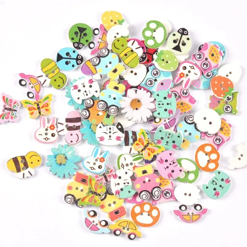 50pcs 1-2cm Mixed Mini Wood Animal Buttons Handmake Scrapbooking Crafts Sewing Clothing Accessories Cartoon Dog Cat Painted