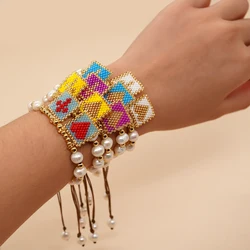 Go2Boho ręcznie robiona biżuteria Boho rozciągliwa bransoletka perła zroszony Evil Eye haft krzyżykowy, koraliki bransoletki dla kobiet mężczyzn Bohemia Pulsera