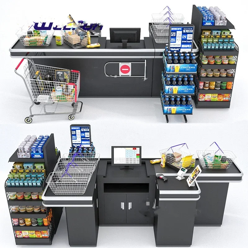 Commercial Retail Supermarket Checkout Counter With Conveyor Belt