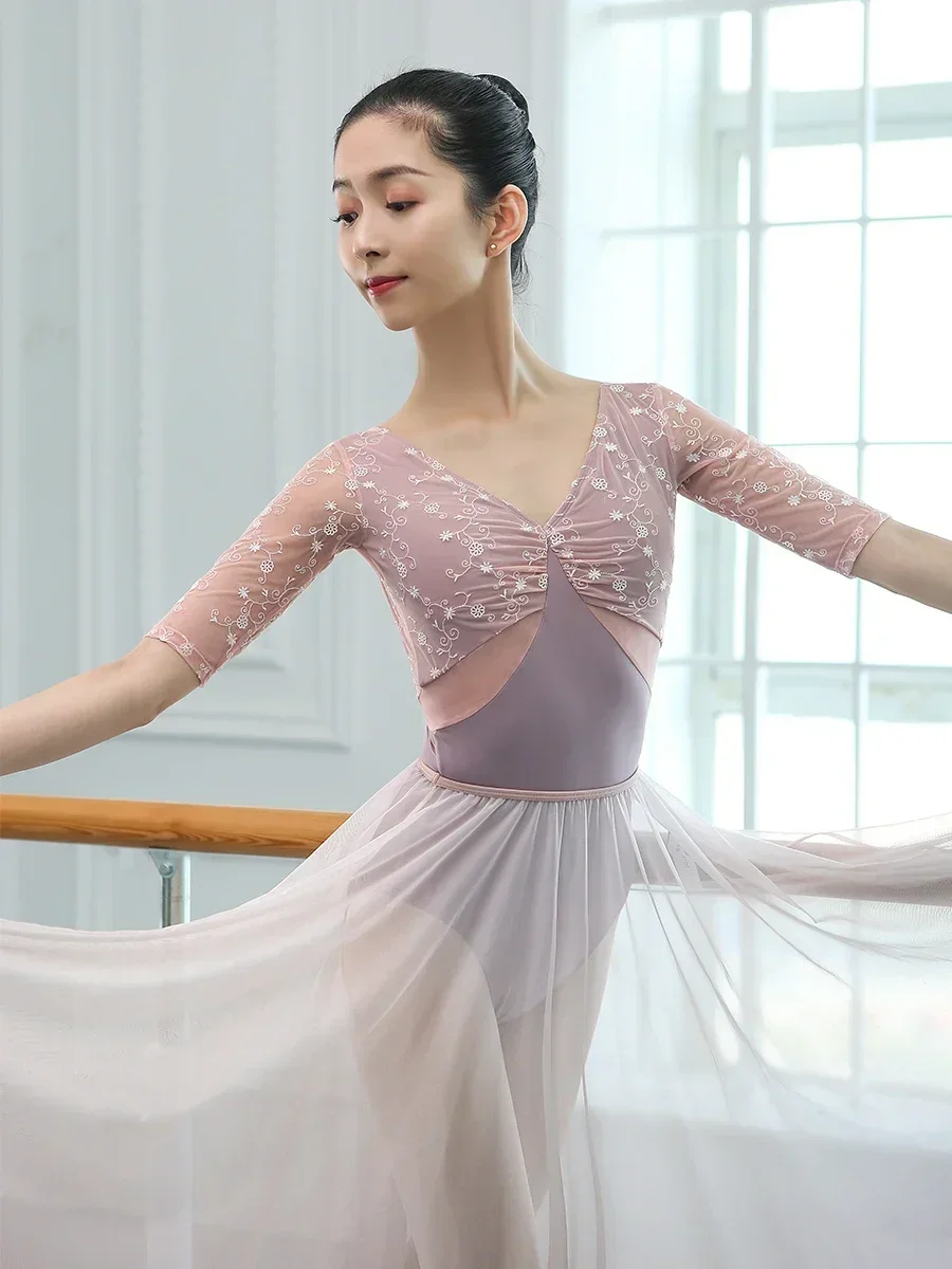 

New V Neck Dance Embroidered Flower Gymnastics Leotards Girls Adult Middle Sleeve Conjoined Body Training Ballet Leotard