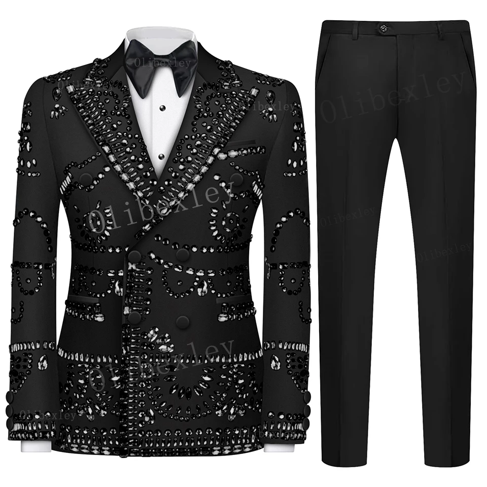 B24 Luxury Beaded Suits Men For Wedding Double Breasted Prom Blazer Pants 2 Pieces Groom Wear Suit for Prom Party Blazer