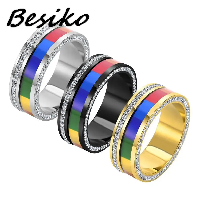 Besiko New Fashion INS Rainbow Flag Full Zircon Women Rings Stainless Steel Lesbian Ring For Women Man Punk Jewelry Wholesale