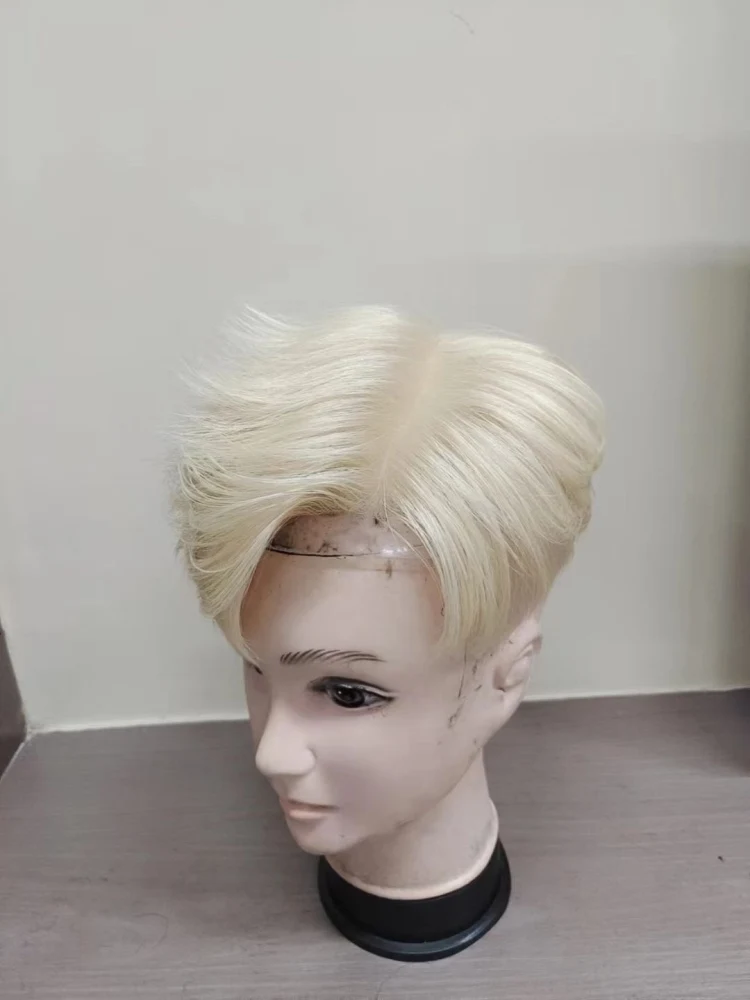 

#613 Ash Blonde European Human Hair PU Topper Single Knots Silicone Base Men Toupee Injection Scalp Top Custom Made Any Size