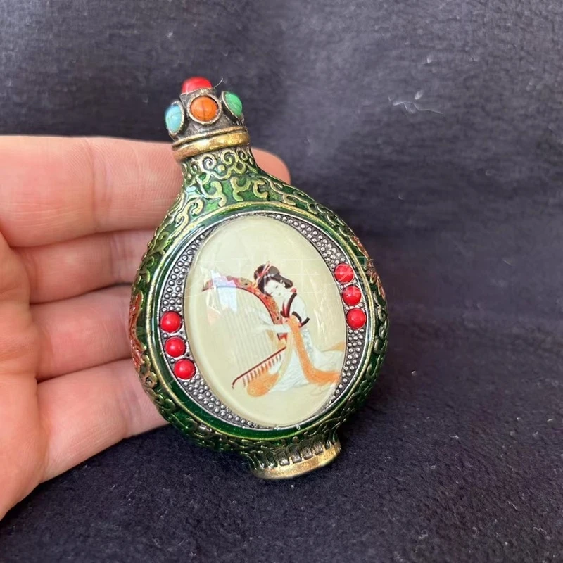 Antique Inlaid Cloisonné Enamel Art Piece Depicting A Beautiful Lady, Double-Sided Internal Painting, Item, Snuff Bottle O