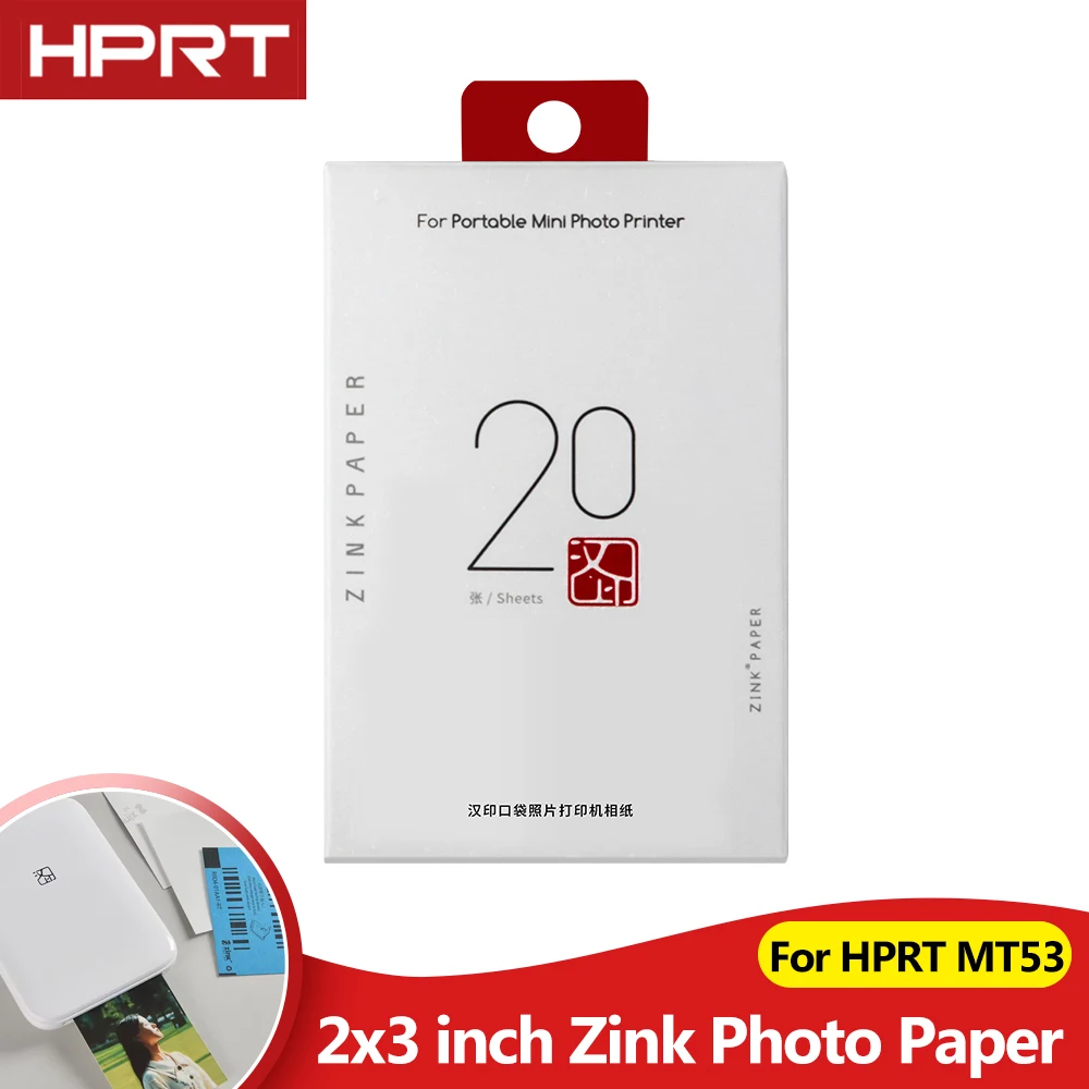 20pcs Zink Color Photo Paper 2x3 Inch Sticky-Backed Thermal Transfer Photo Paper For HPRT MT53 Pocket Photo Printer