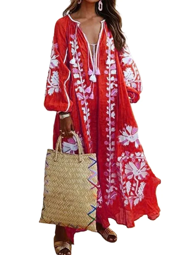 

Spring Autumn Style V-neck Long-sleeved Printed Dress New Fashion V Neck Elegant Casual Loose Office Holiday Party Dresses Robe