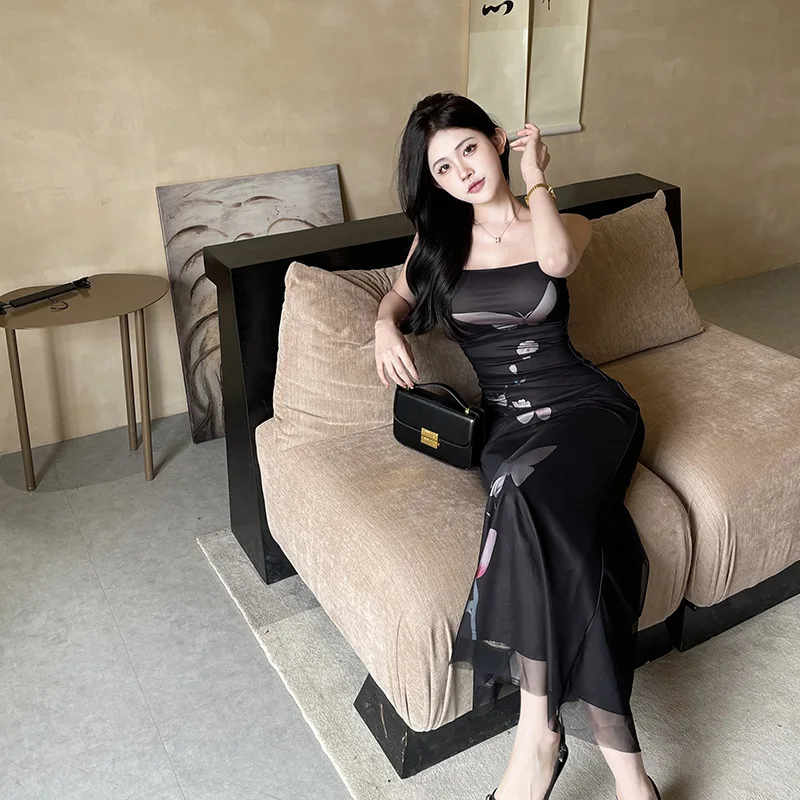 Vestido estampado de malla para mujer, qipao de verano 2025, vestidos largos con tirantes de estilo chino, vestido de mujer