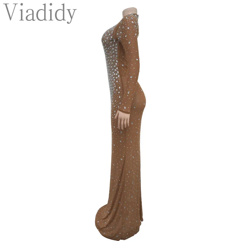 Vrouwen Sexy Effen Kleur Doorzichtig Mesh Lange Mouw Strass Decor Vloer-Lengte Feestjurk