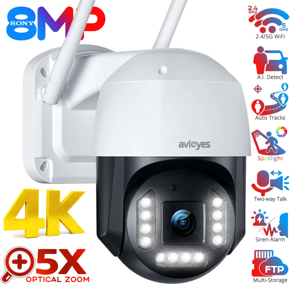 

4K WiFi PTZ IP Camera 5X Optical Zoom Outdoor 8MP Auto Tracks Speed Dome Surveillance Cameras Wireless Human Detect Camera CamHi