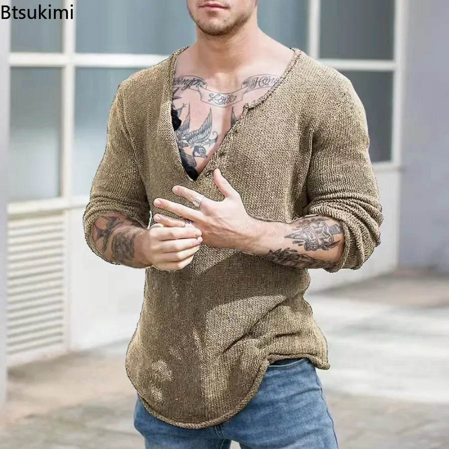 2025 Spring Autumn Mens Casual V-Neck Solid Sweater Fashion Knitted Pullover Tops For Men Harajuku Long Sleeve Jumper Streetwear