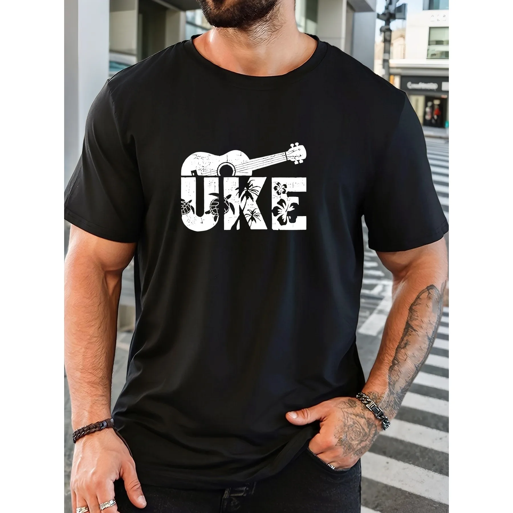Ukelele Graphic Men's T-Shirt Summer Casual Round Neck Short Sleeve Cotton Tee