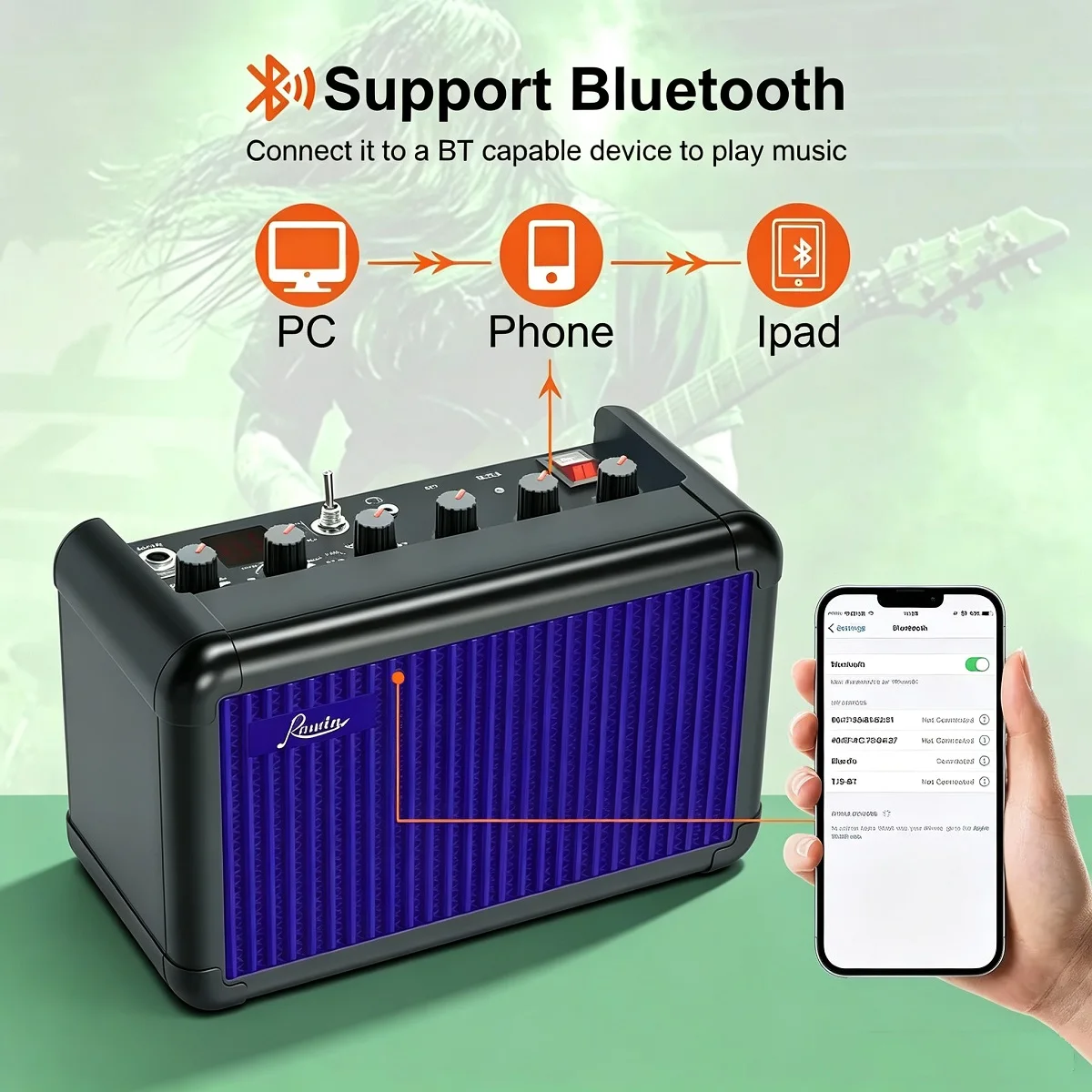 Rowin Guitar Amplifier 15W Bluetooth Tuner Function Combo Amp Multi-effects Delay OD Reverb Speaker Rechargeable Battery