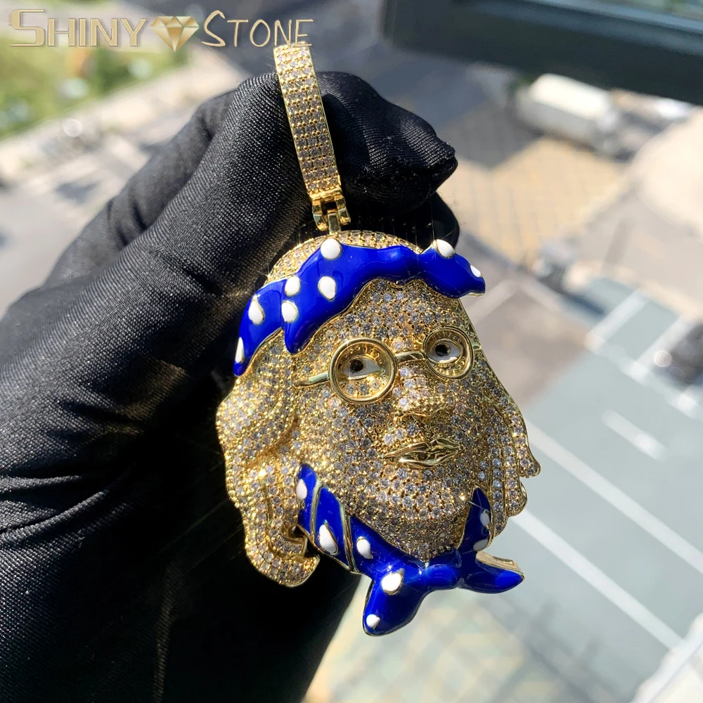 New CZ Benjamin Franklin Face Pendant Necklace Iced Out Bling Cubic Zirconia Blue Enamel Charm Men Fashion Hip Hop Jewelry