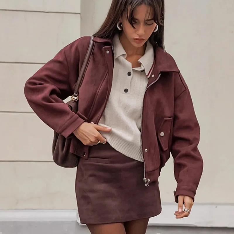 Fashionable Women's Suede Coat 2025 Autumn Comfort Turn Down Collar Zipper Fly Pockets Female Coat Korean-Style Jacket For Lady