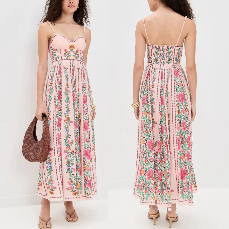 

Summer Casual Floral Print Maxi Dress for Ladies, High Waist Low Cut Backless Slimming Dress, Comfortable Fabric Outfit for Holi