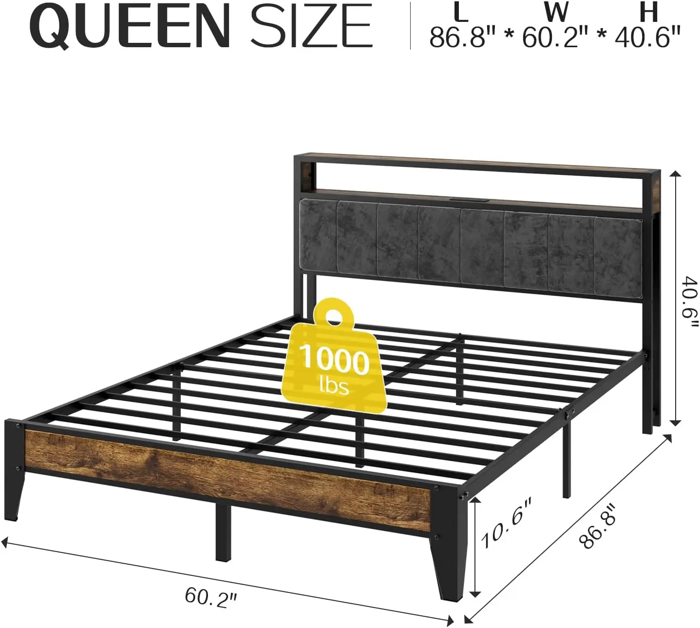 OLEVS Queen Size Bed Frame with Charging Station & LED Light, 2-Tier Storage Headboard & Footboard, Noise-Free Metal Platform Be