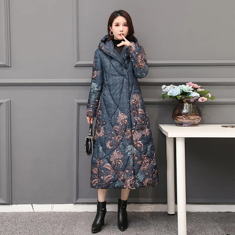 Fdfklak Hooded Thick Warm Parkas Women Vintage Printed Down Cotton Winter Coat Middle Aged Mother Overlength Padded Jacket