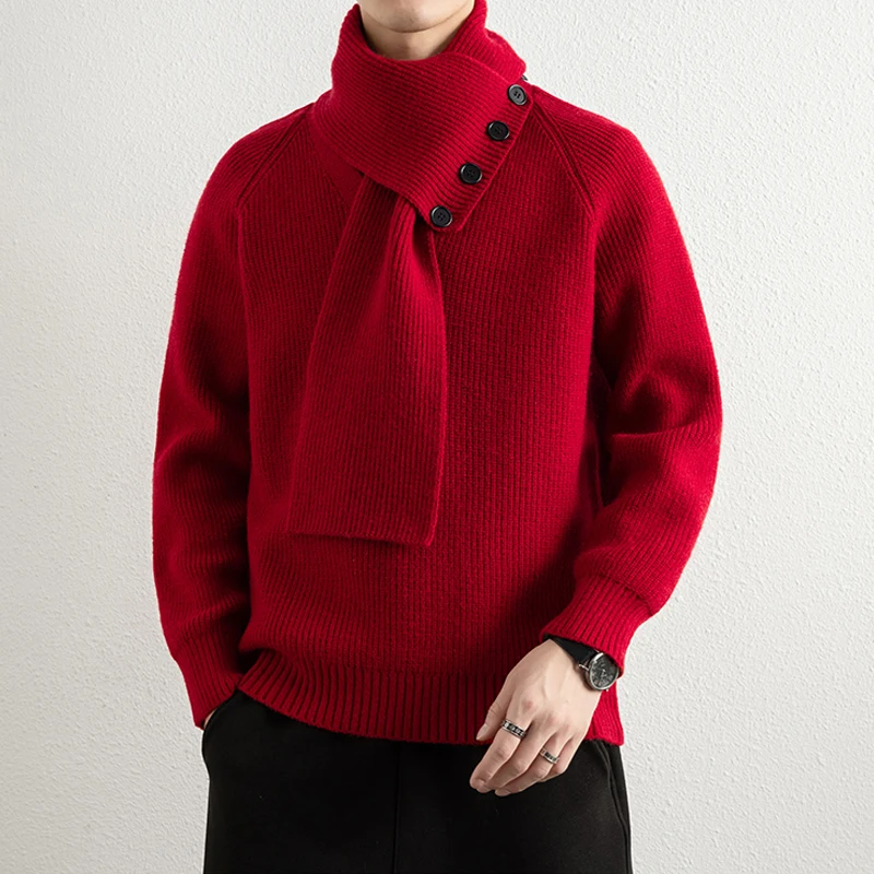 

Scarf-collar Christmas Sweater Men's Knit Pullover Autumn Winter Jacquard Sweaters Korean Fashion Streetwear Cleanfit Sweater