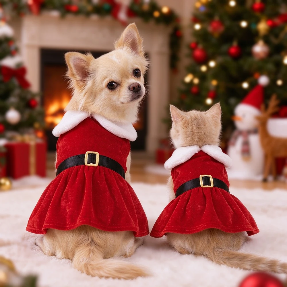 Niedliche Weihnachtskleidung für Katzen, rotes Samtkleid, festliches Weihnachtsmann-Outfit für Katzen, Kätzchen und Welpen, Neujahrs- und Feiertagskostüm, Foto-Requisiten. – Detail 11