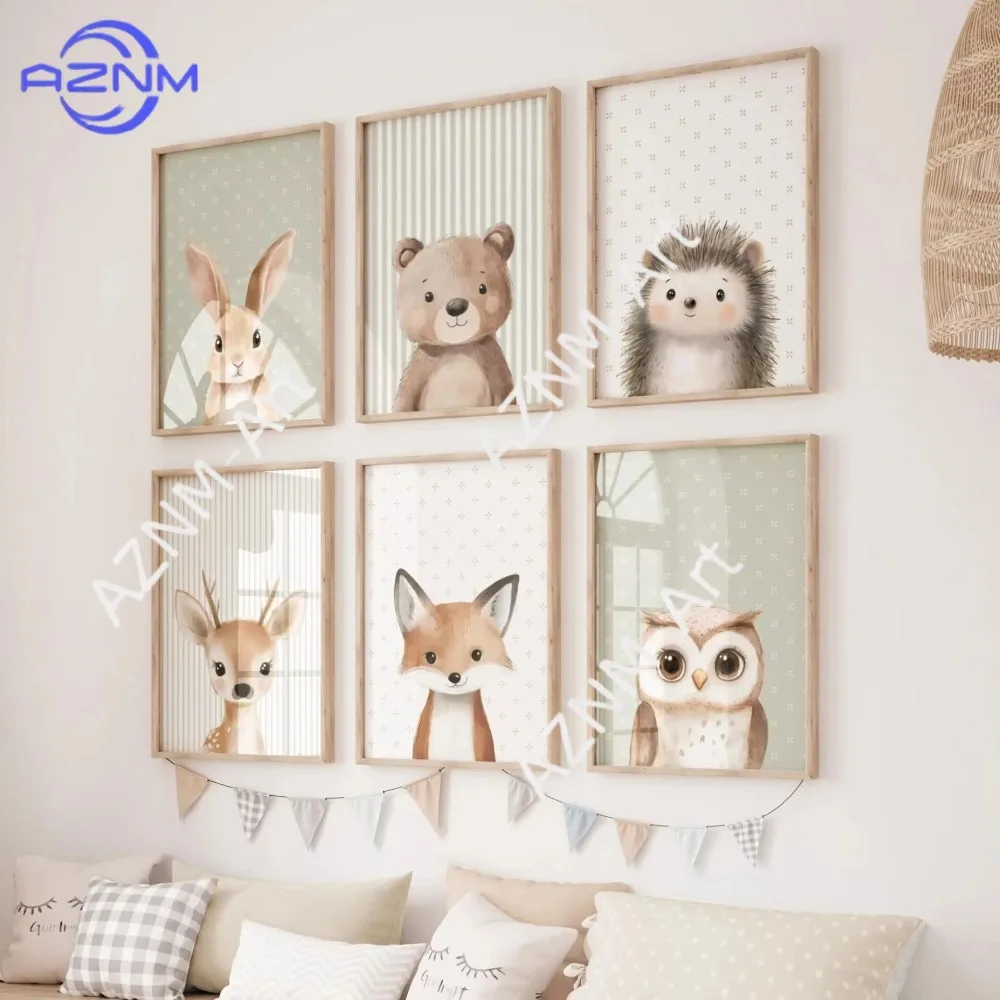 1 Stück/6 Stück Nordisches Modernes Cartoon-Tier Kaninchen Eule Bär Englische Kinderzimmer Baby Schlafzimmer Leinwand-Dekoration Rahmenlos