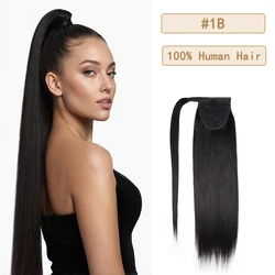 Ponytail Extensions 100% Human Hair With Clip In Magic Paste Invisible Ponytails Wrap Around Straight Natural Black For Woman