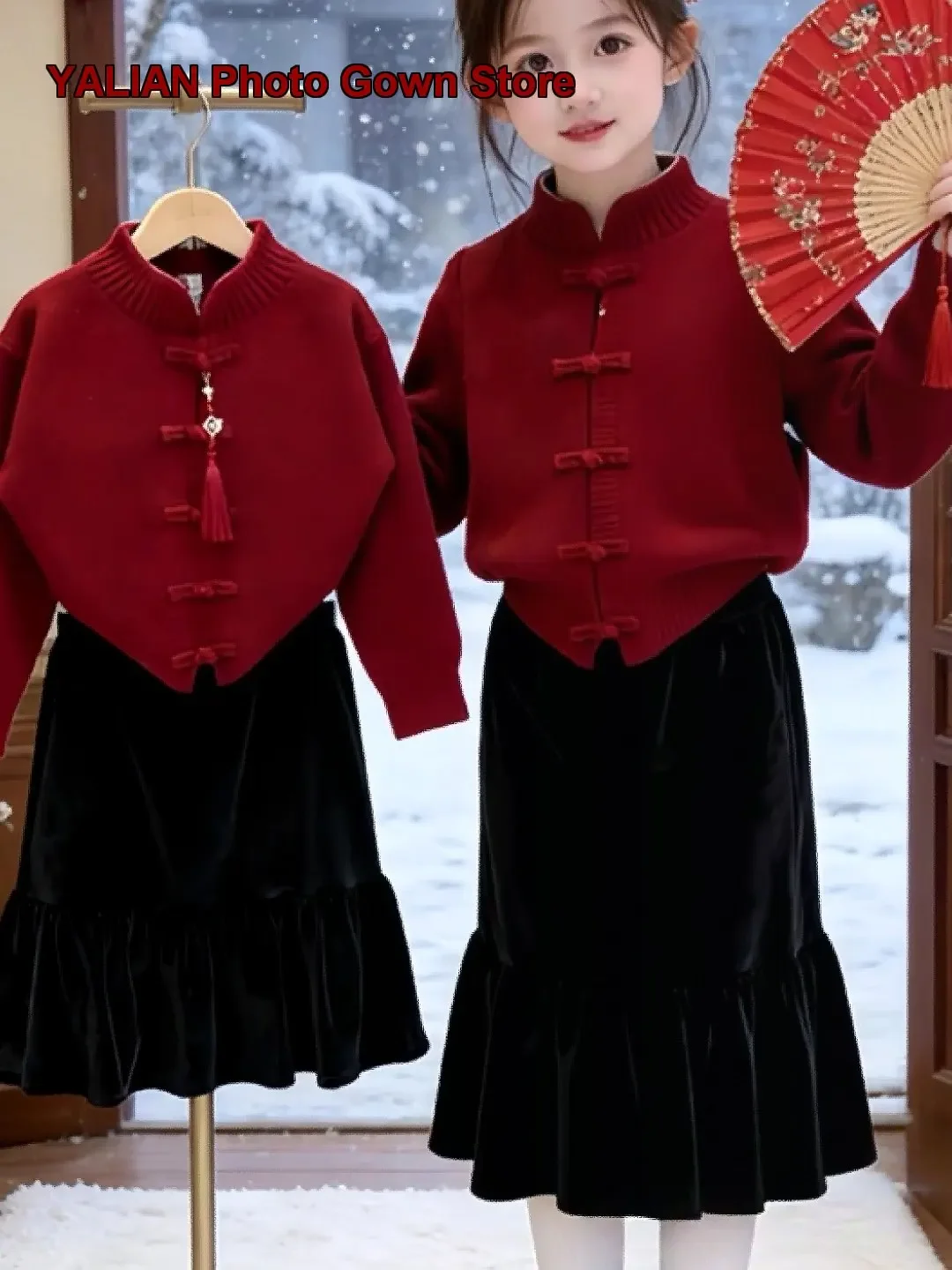 Girls Traditional Chinese Style Knot Button Velvet Skirt Set Winter 2025 Trendy Two-Piece New Year Outfit