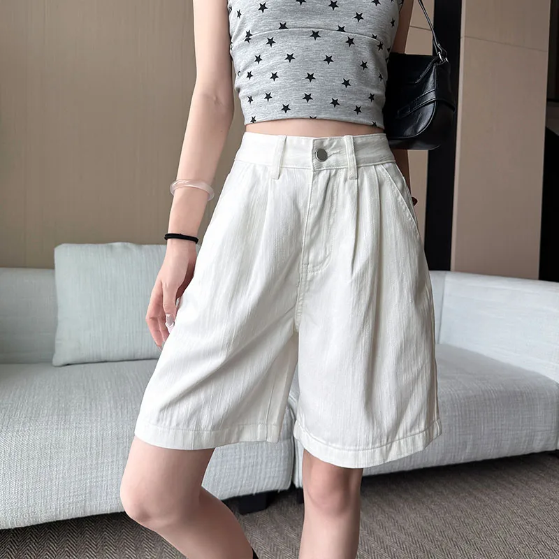 Y2K ريترو فضفاض عادية الأوسط جينس قصير صيف جديد المرأة الكورية الدنيم خمس نقاط السراويل السيدات موضة كل مباراة فضفاض الجينز