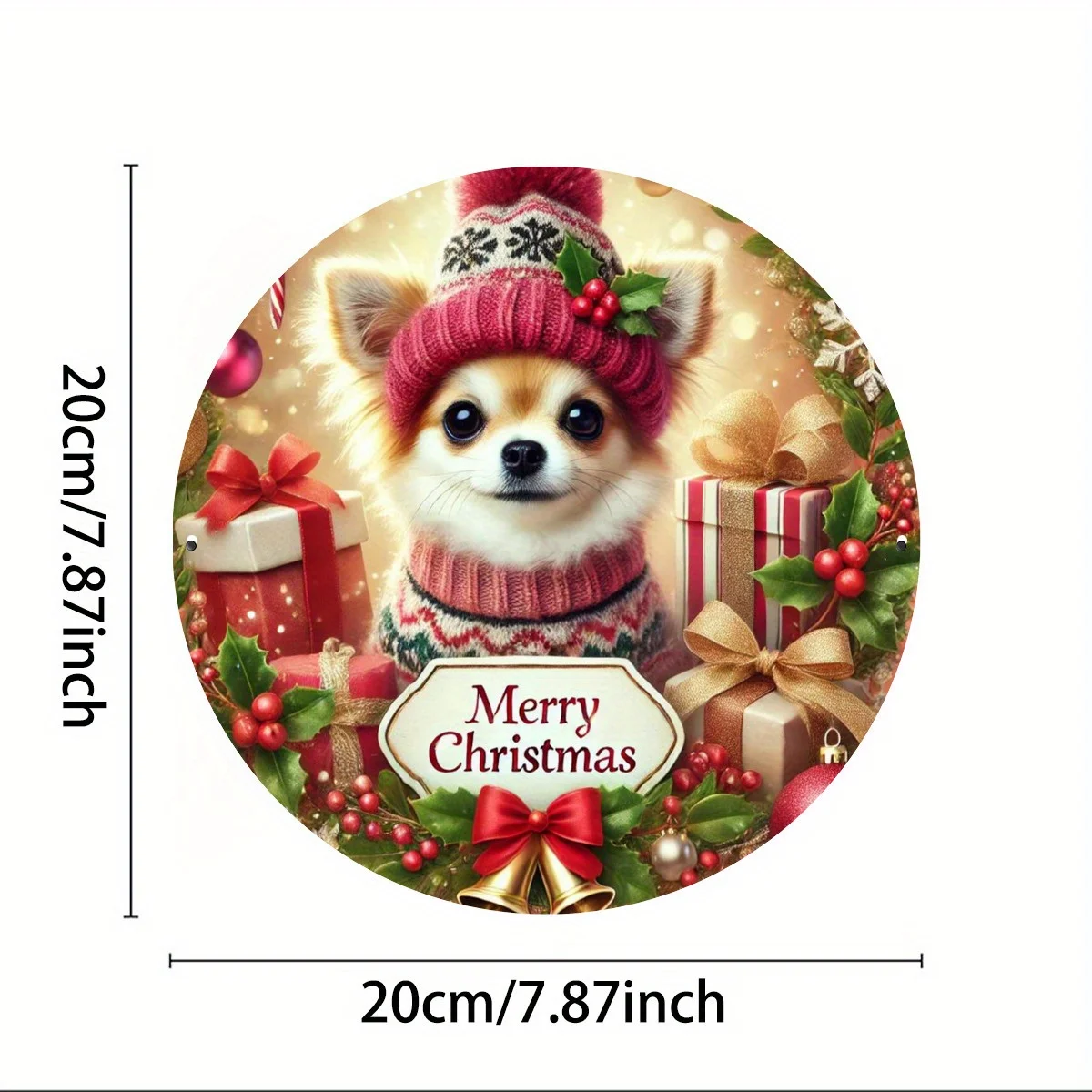 Christmas Chihuahua Metal Art Round Plate - 8-Inch Vintage Aluminum Wall Decor, Brightens Home/Farmhouse/Bar Holiday Ambiance