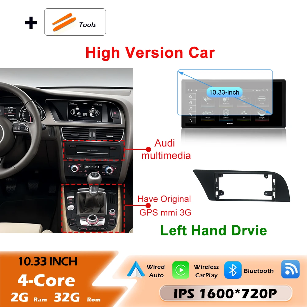 Android 16 draadloze Carplay autoradio multimediaspeler GPS navigatie ultradunne scherm DSP stereo WiFi voor Audi A4 B8 A5 2009 - 2016
