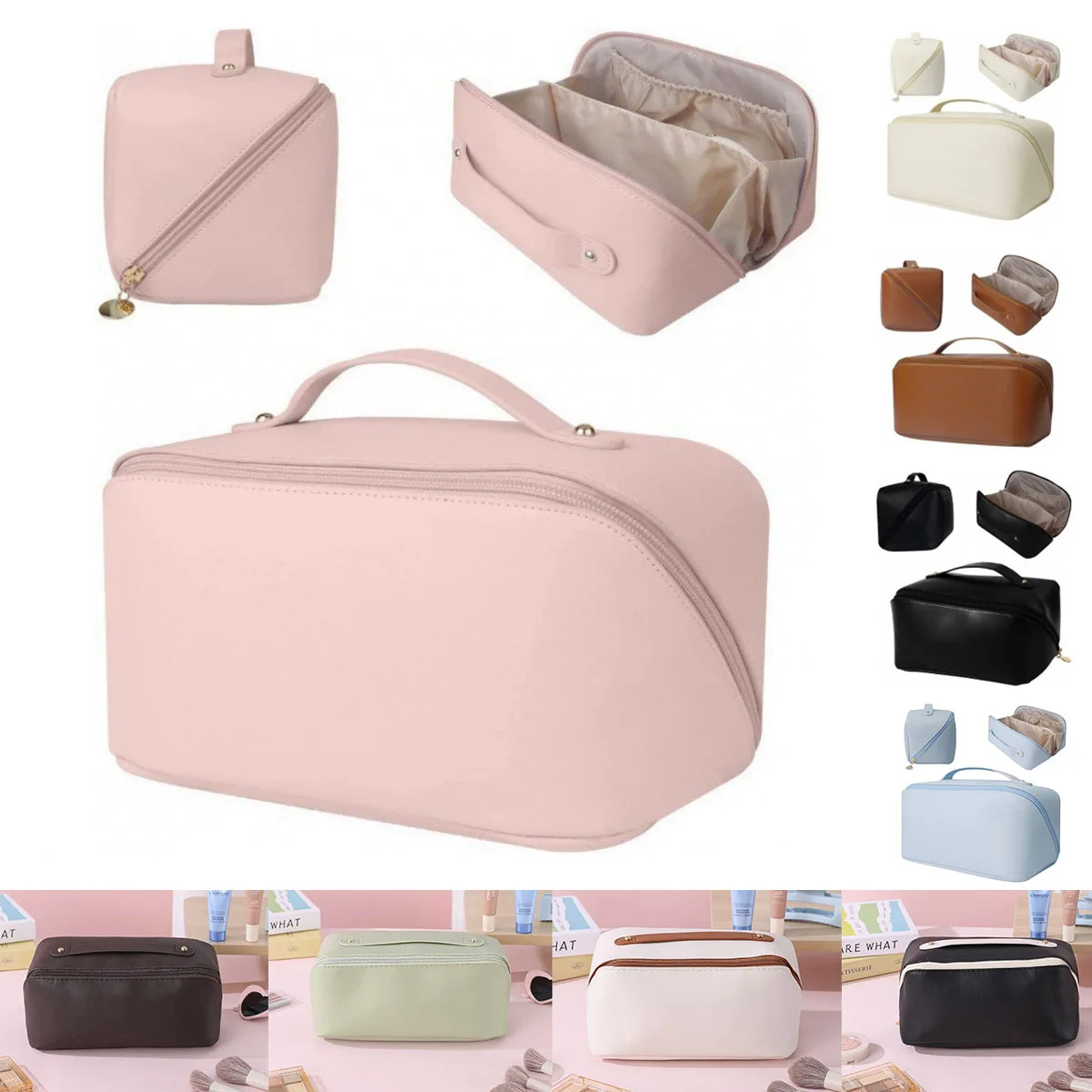 Large Capacity Travel Makeup Bag, Expandable Cosmetic Organizer with Zippered Compartments for Toiletries & Accessories, Pink