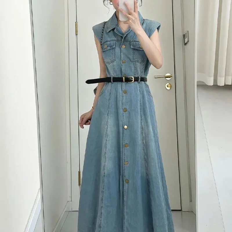 

Elegant Lapel Single-Breasted Sleeveless Dress Women Summer New Waist-Cinching Slimming Vest Long Dress