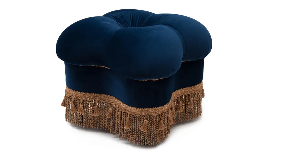 

Soft cushion clover footstool with gold stripe fringe, navy blue