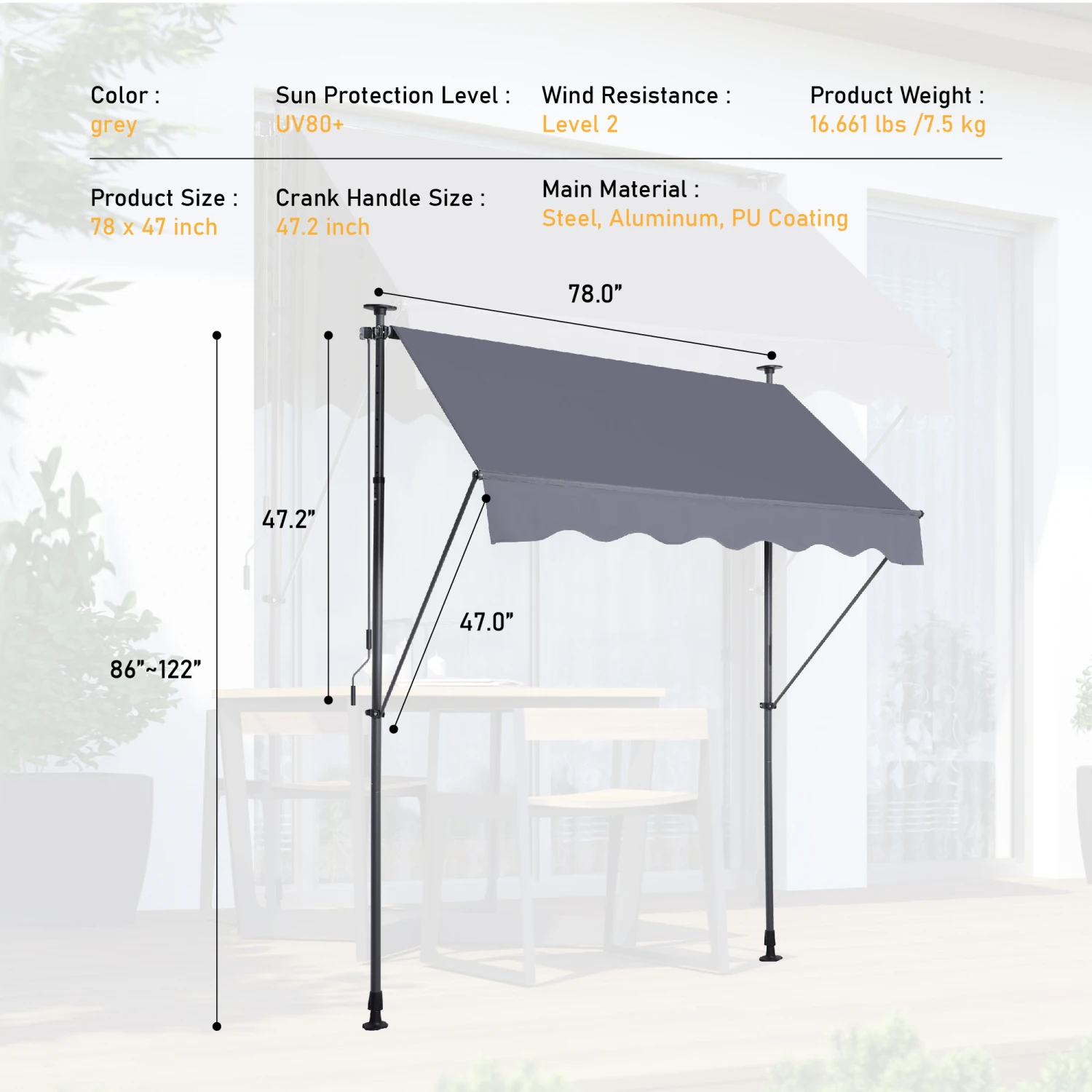 Manual Retractable Awning-78'' Non-Screw Outdoor Sun Shade Cover with UV Protection – 100% Polyester Made Outdoor Canopy Adjus