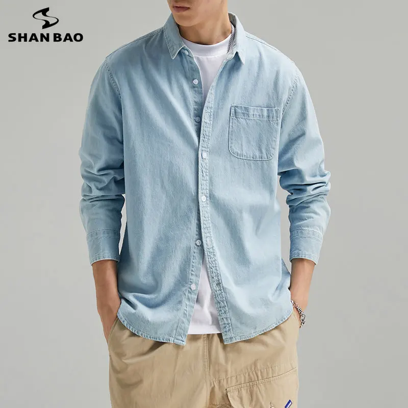 

SHAN BAO 2023 Spring New 100% Cotton Men's Casual Denim Shirt Japanese retro Fashion Pocket American Fitted long-sleeved shirt