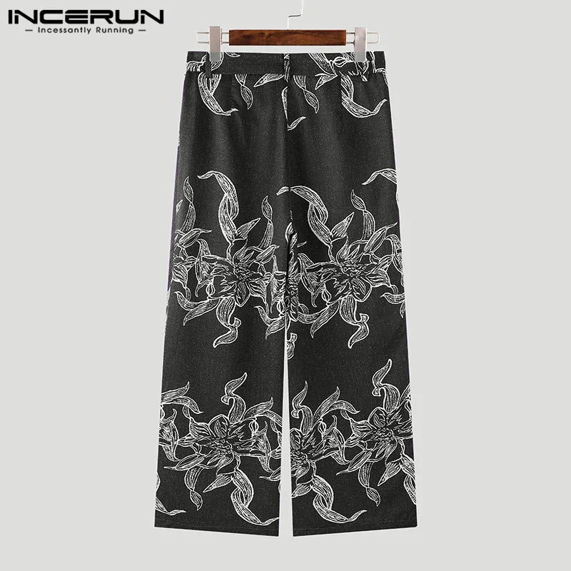 INCERUN Men Pants Printing Button Joggers Loose Casual Wide Leg Trousers Men Streetwear 2024 Pleated Fashion Long Pants S-5XL