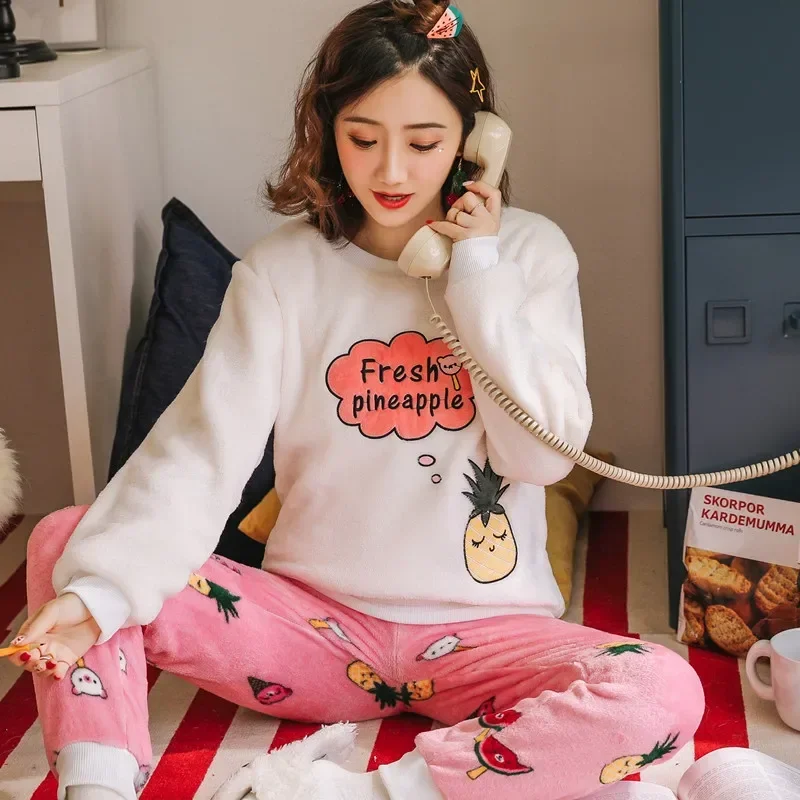 Thickened Warm Sleepwear for Winter Flannel O-Neck School Homewear Set Women's Pajamas Long Sleeves Cartoon Cat Pineapple image 3