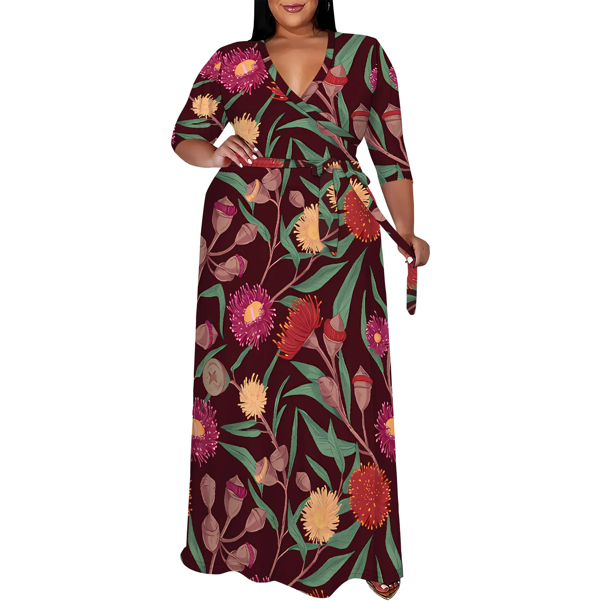 Nupusa Plus Size Maxi Dress Floral Print V Neck Half Sleeve Belted Dress