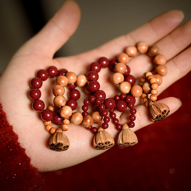 Natural Raw Ore High Content Cinnabar Purple Gold Peach Hand Twisted Beads Lotus Canopy Hand Handheld Gift for Women