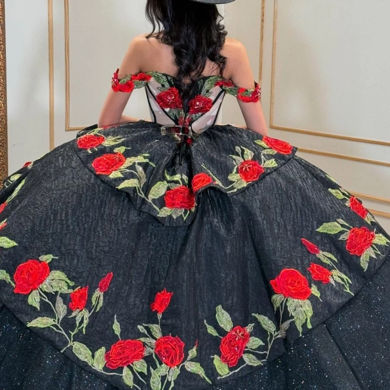 블랙 샤이니 킨세아녜라 드레스 오프숄더 볼 가운 스위트 16 드레스 비딩 아플리케 레이스 튤 생일 파티 베스티도스 15세