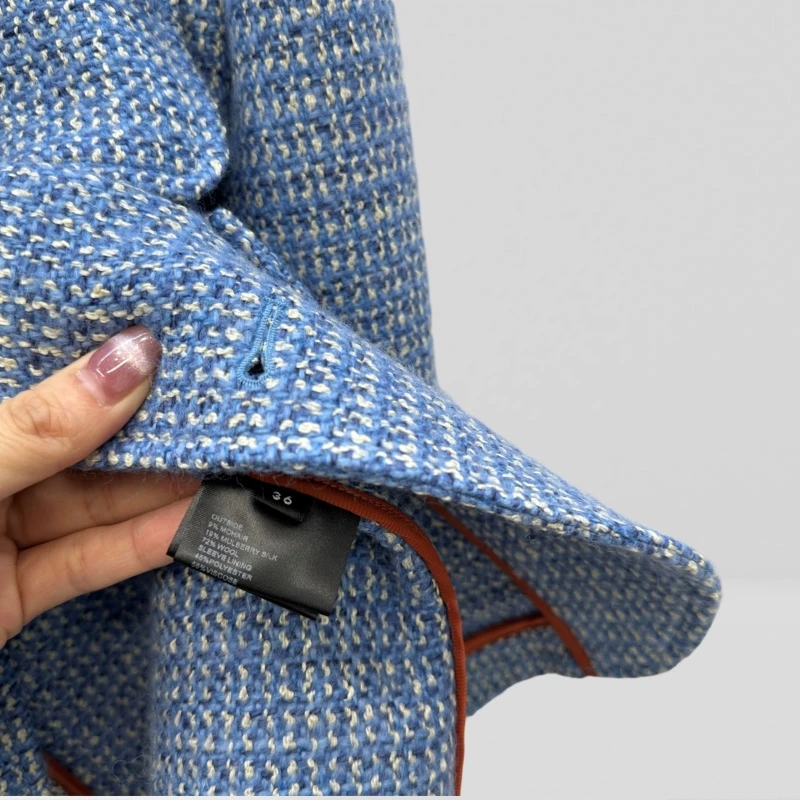 Luxury Wool Blend Tweed Jacket Women Stand Collar Button Front Cropped Blazer Elegant French Style Coat BC2286XX view 6