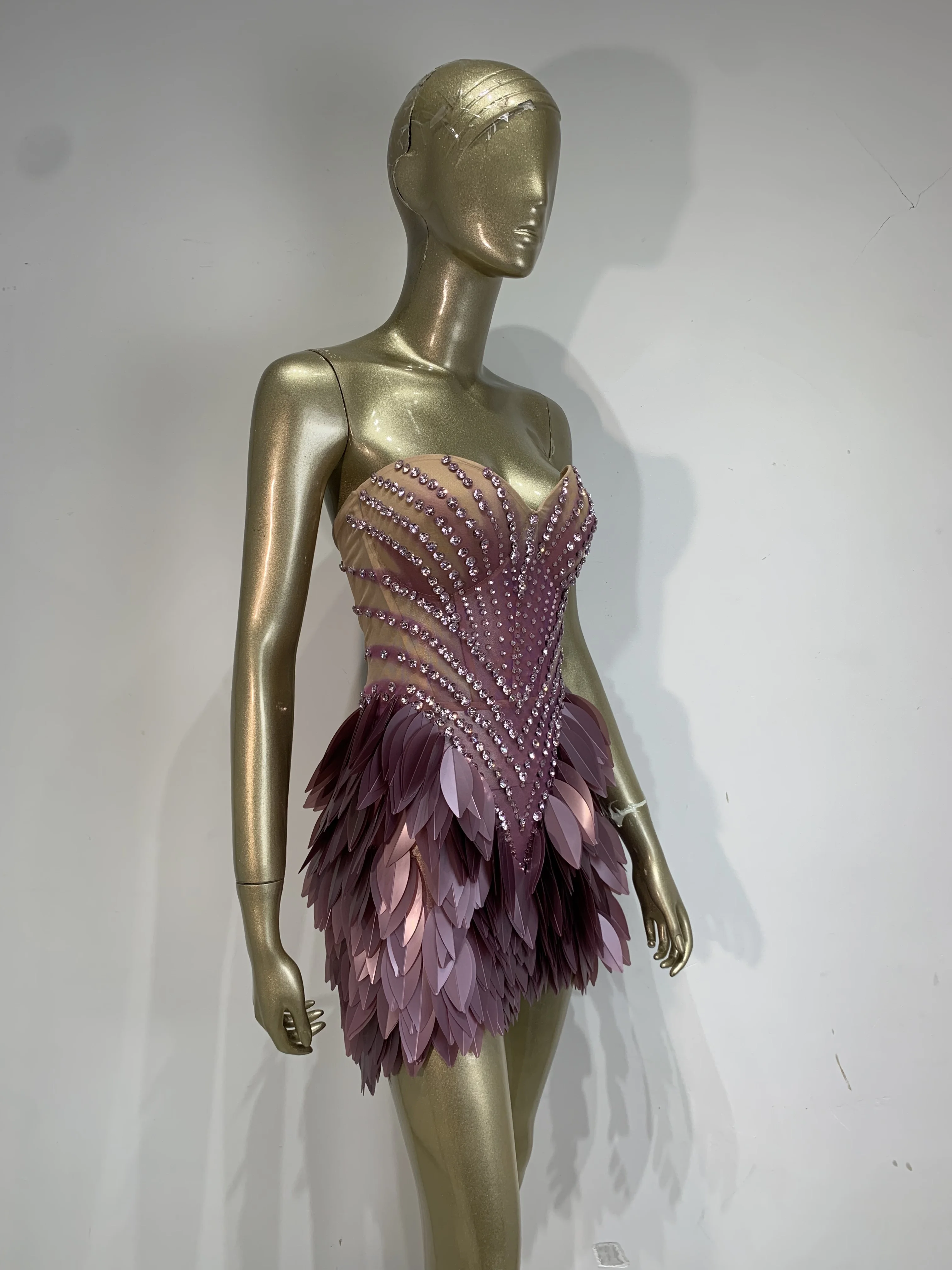 Women Sexy Mesh See Through Diamonds Leaf Strapless Mini Dress Luxury Birthday Evening Party Outfit Nightclub Stage Costume