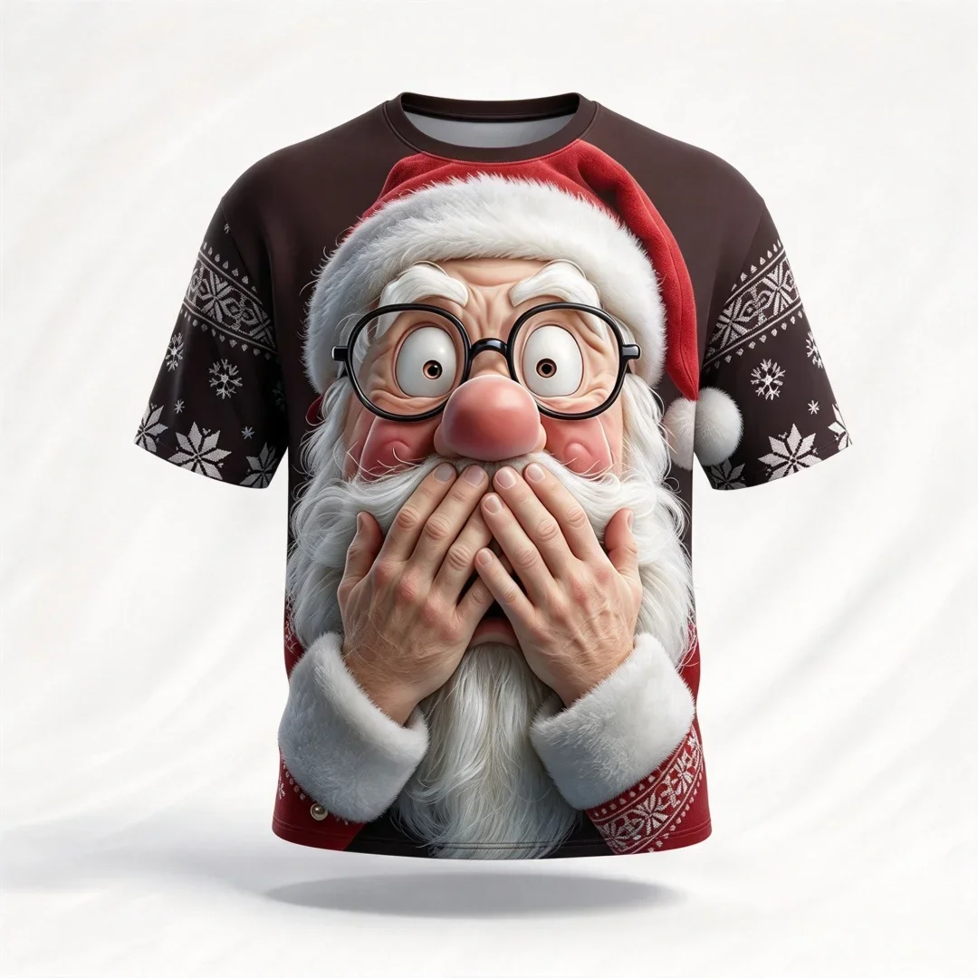 Fashion New Surprise Santa Face Graphic Tshirt for Men Xmas Snowflake Pattern Holiday Casual Tees Funny Graphic T Shirt Tops