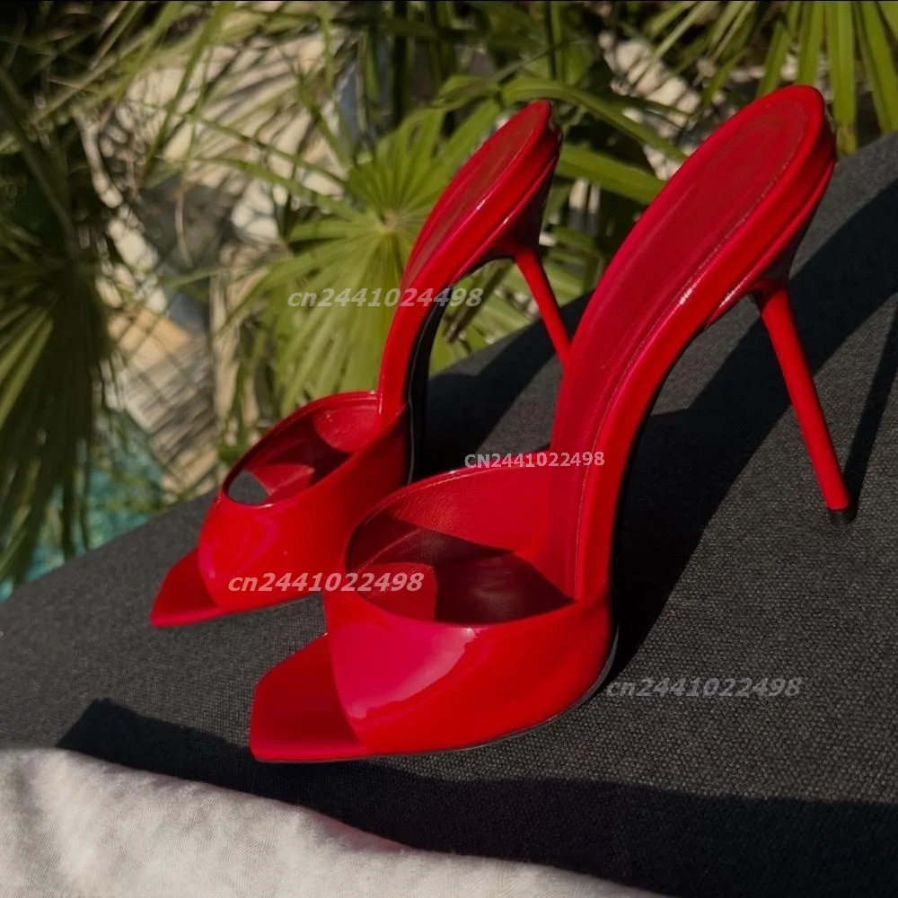 Women's Red Patent Leather Pointed Toe Slingback High Heels Mules Open Toe Stiletto Heel Slippers Elegant Party Summer Shoes