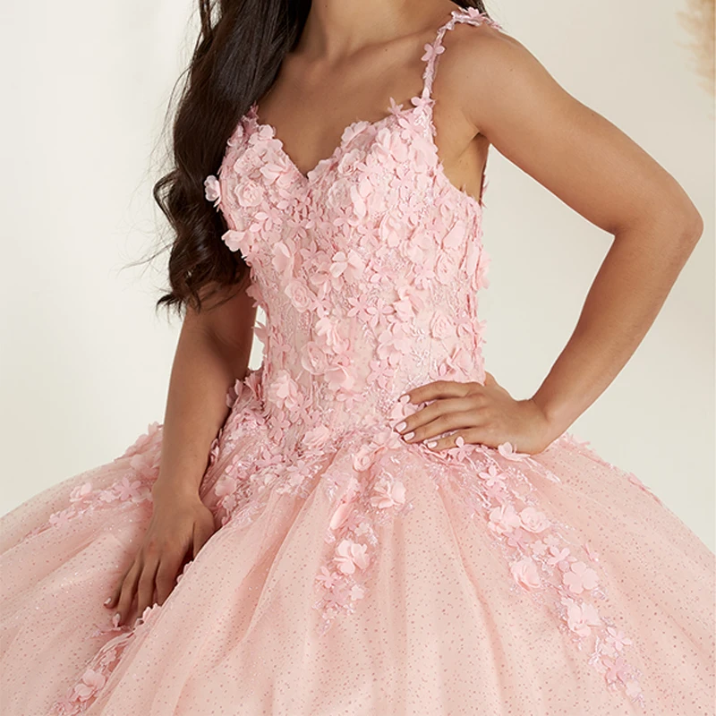 Vestido De quinceañera con tirantes y cuentas para mujer, traje con apliques De encaje De flores para cumpleaños, 15 Años